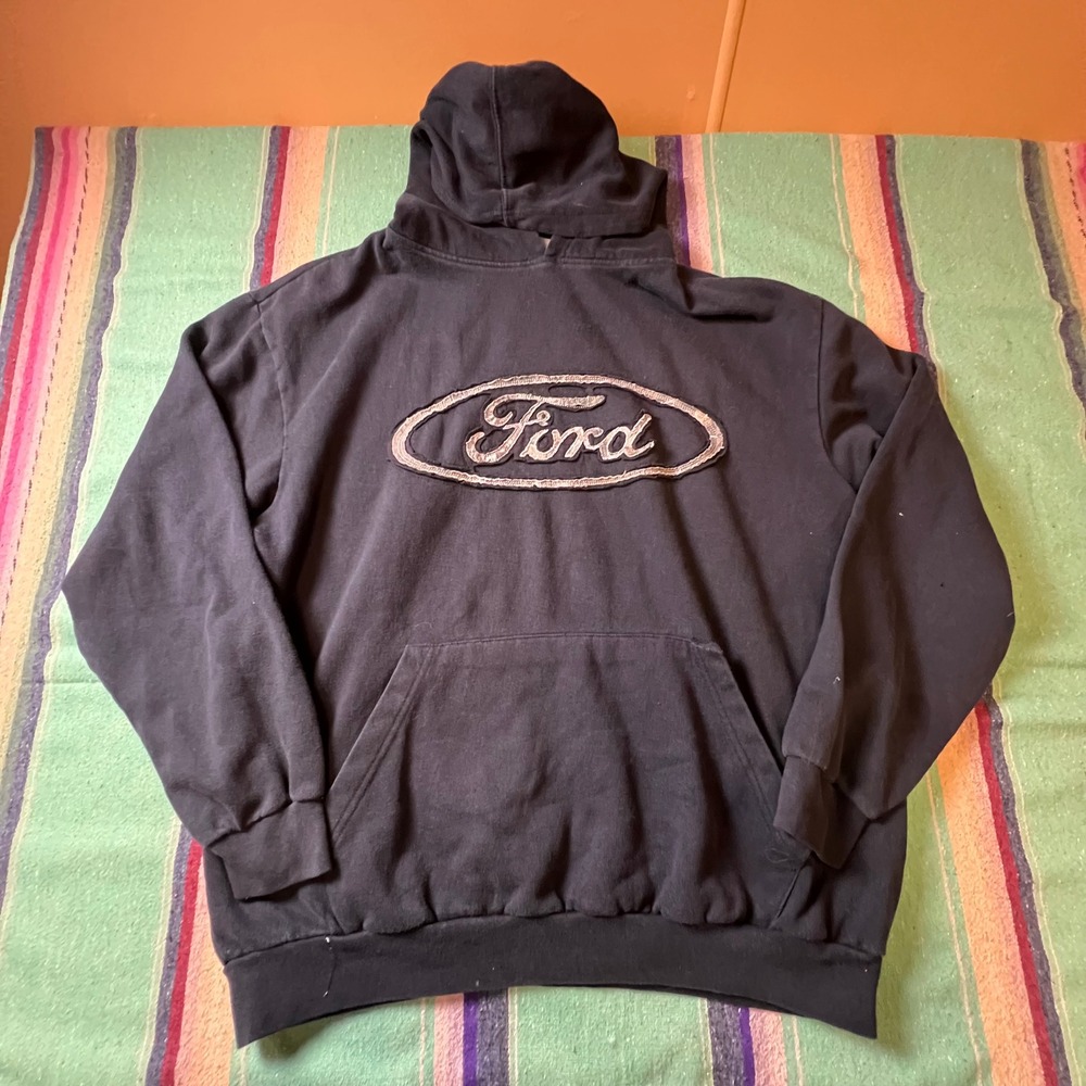 Buckhorn River Ford Hoodie Mens XL Black Distressed Logo Camo Lined Pullover